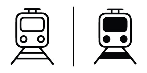Train Iconography: A minimalist design presents two contrasting train icons.  One displays a train silhouette while the other solid image.  Illustrating transport and speed.