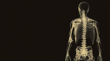 Rear view of a translucent human skeleton on a black background.