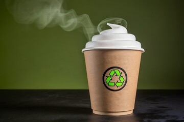 Steaming beverage in a paper cup with recycle symbol, evoking eco-consciousness and sustainability
