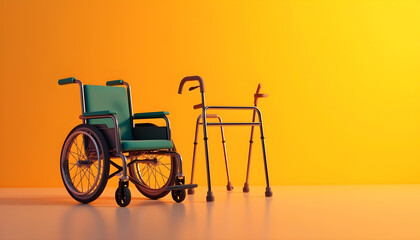 Green wheelchair walker bright orange background mobility aid