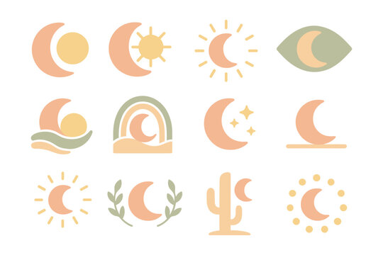Celestial elements vector illustration: sun and moon symbols in soft color palette for graphic design