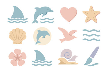 Fototapeta premium Sea life vector illustration: nautical icons for summer design in pastel flat style