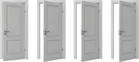 Four light gray paneled doors with silver handles Some doors are open others are closed isolate