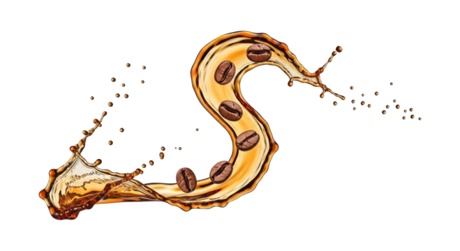 Splashing coffee elegantly forms a flowing, curved shape with embedded coffee beans over transparent background