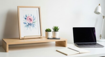 Fototapeta premium A modern desk setup with a laptop and artwork
