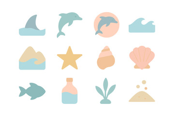 Minimalist sea life vector illustration: ocean icons in flat style for summer design