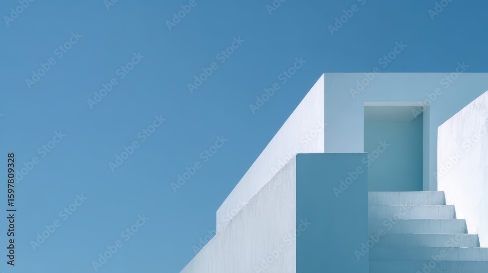Poster white abstract building with staircase and clear blue sky is showing modern architecture and design,