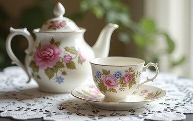 Elegant tea set with teacup and teapot, delicate floral patterns, vintage porcelain on lace tablecloth. High quality