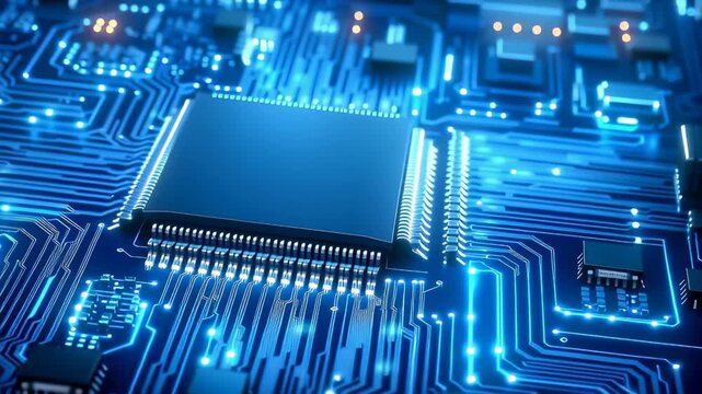 Central processing unit with glowing blue circuit connections, complex microchip architecture showcasing technological innovation and digital connectivity.