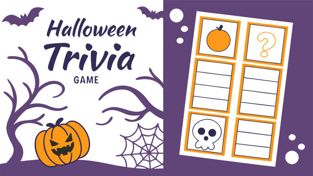 Illustration of halloween trivia game with pumpkins, bats, trees, spiderweb, and a question mark card