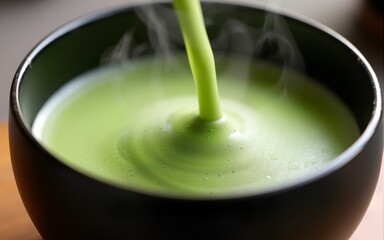 Graceful Matcha Moment Close up of hot water being poured into a traditional Japanese tea bowl creating a swirling interaction with the matcha powder and producing delicate steam. High quality