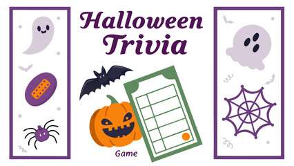 Halloween trivia game with ghost, bat, pumpkin, spider web, and bandage in a purple and white theme design