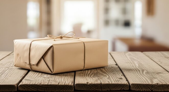 Brown paper package tied with string on wood