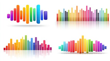 Obraz premium Four sets of colorful, stylized audio waveforms, reflecting on a white background
