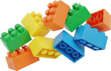 Colorful building blocks scattered with green yellow orange and blue pieces transparent background
