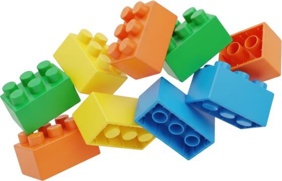 Colorful building blocks scattered with green yellow orange and blue pieces transparent background