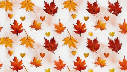 Fototapeta premium seamless watercolor pattern autumn leaves and hearts