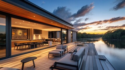Modern waterfront house with open-plan living area, patio furniture, and stunning sunset views over a lake.