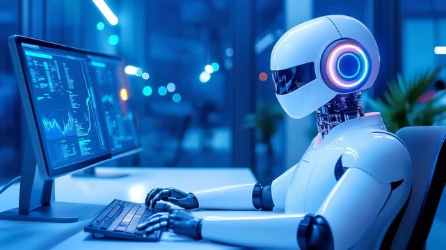 White humanoid robot with circular eye interface sitting at computer, processing complex digital graphs and charts in blue-toned technological office environment. Lockdown static camera.
