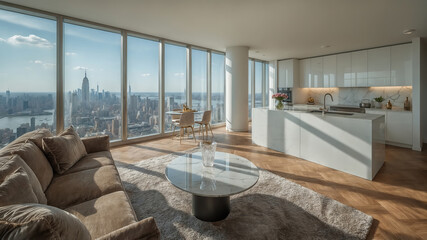 Luxury high rise apartment interior featuring panoramic city views from floor to ceiling windows modern kitchen and living room design with stunning manhattan skyline