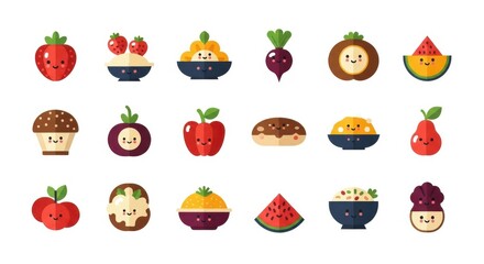 Cute cartoon fruits, vegetables, and desserts in bowls, showcasing happy food characters.