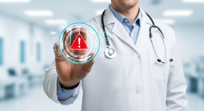 Doctor analyzing patient data in a medical setting,Healthcare professional uses advanced touch interface to signal a medical warning, representing innovation and emergency awareness.