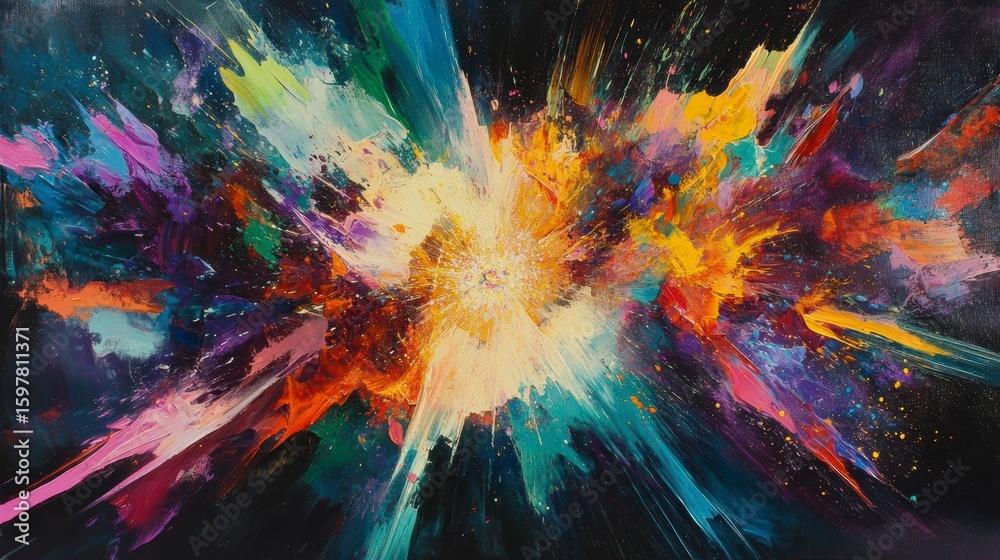 Wall mural abstract colorful explosion painting with vibrant hues and dynamic brushstrokes.