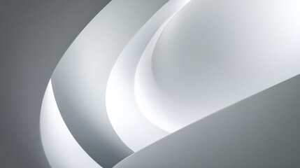 Sleek white curves weaving through soft gray background, representing minimalist architectural design with contemporary sophistication and clean aesthetic lines