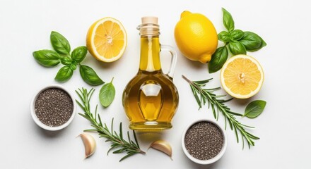 Healthy ingredients olive oil, lemon, herbs