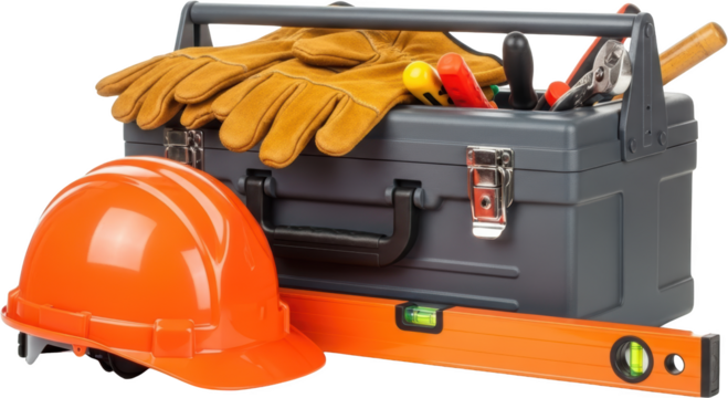 Orange hard hat leather work gloves toolbox with tools and spirit level transparent background