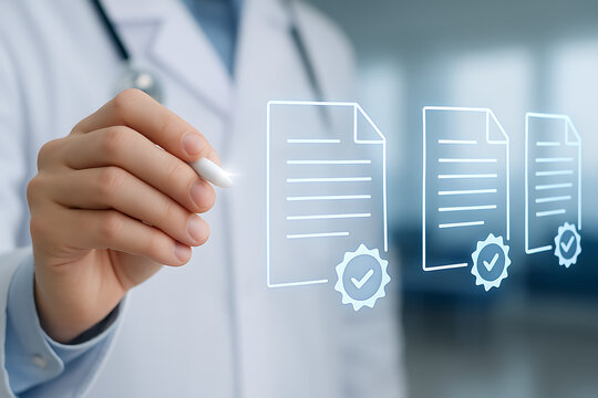 Young doctor holding a stethoscope analyzing digital business charts on a touch screen interface - Powered by Adobe