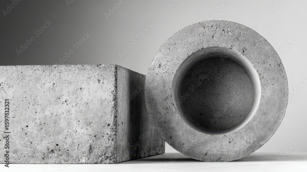 Poster concrete geometric forms cylindrical volume and rectangular block creating minimalist architectural 