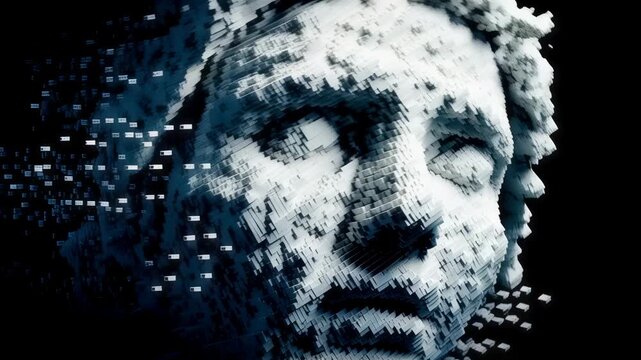 Fragmented stone sculpture of male face disintegrating into pixels. Digital art concept. Ancient meets modern technology. Visual metaphor for data decay and loss.