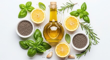 Olive oil with lemon, basil, rosemary, and chia seeds