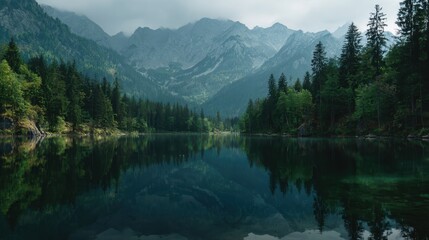 Alpine lake reflecting snow capped mountain peaks and lush green forests, capturing pristine wilderness landscape with mirror like crystal waters and serene natural scenery
