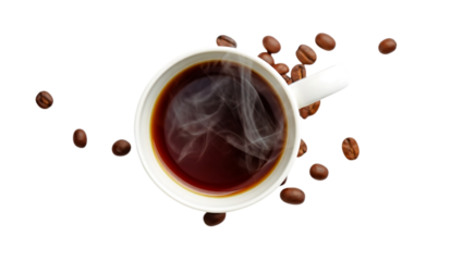 Steaming Coffee Cup with Coffee Beans