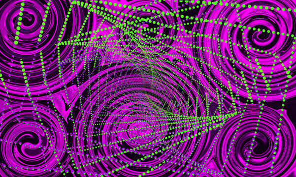Swirl bright purple pink color wave on background. Digital backdrop. Abstract wall. Cover design. Galaxy trippy space. Metaverse scene. Tech pattern. NFT Token. Pop art. Green dotted line. Big data.
