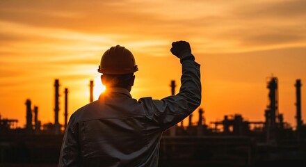 Fototapeta premium Silhouette of worker celebrating success at sunset in industrial setting. Great for energy, oil, gas, construction, labor day, power, and achievement concepts. Optimistic, prideful.