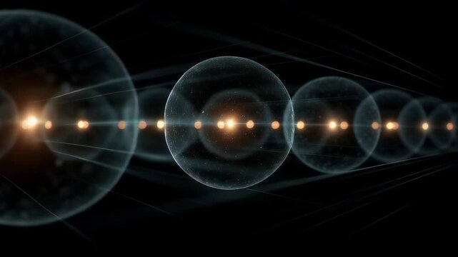 Cosmic light sequence in transparent spheres. Abstract space concept video. Futuristic galaxy exploration visualization. Digital universe simulation for science fiction.