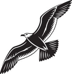 Black and White Silhouette of a Flying Seagull Bird Illustration Isolated on White Background