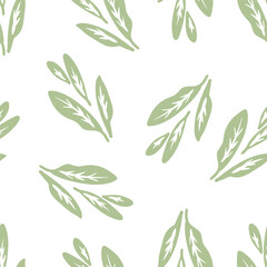Seamless pattern of light green leaves on a white background. Vector illustration