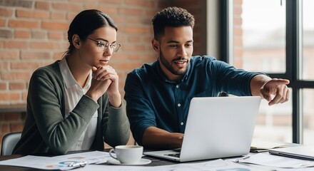 Focused colleagues collaborating intently on a laptop discussing project details in a modern office setting