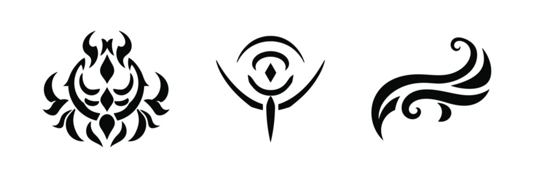 Collection of stylized black graphic symbols including tribal abstract and floral elements vector illustration