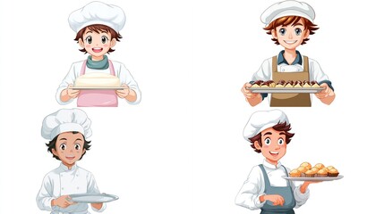 Cartoon bakers holding baked goods, wearing hats and aprons on a white background