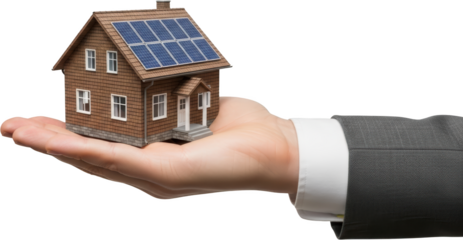 A man's outstretched hand holding a miniature house with solar panels home transparent background
