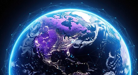 Vibrant earth glows with purple hues and a bright blue aura against a dark cosmic backdrop