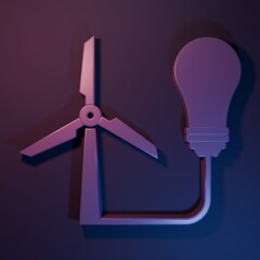Purple Light bulb with wind turbine as idea of eco friendly source of energy icon isolated on purple-blue background. Alternative energy concept. Minimalism concept. 3D render illustration