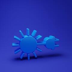 Blue Sun with electric plug icon isolated on blue background. Energy saving concept. Minimalism...