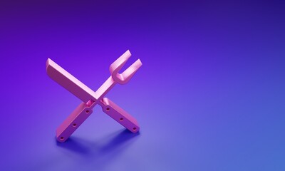 Pink Crossed fork and knife icon isolated on purple-blue background. BBQ fork and knife sign....