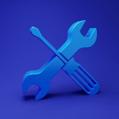 Blue Crossed screwdriver and wrench tools icon isolated on blue background. Service tool symbol. Minimalism concept. 3D render illustration